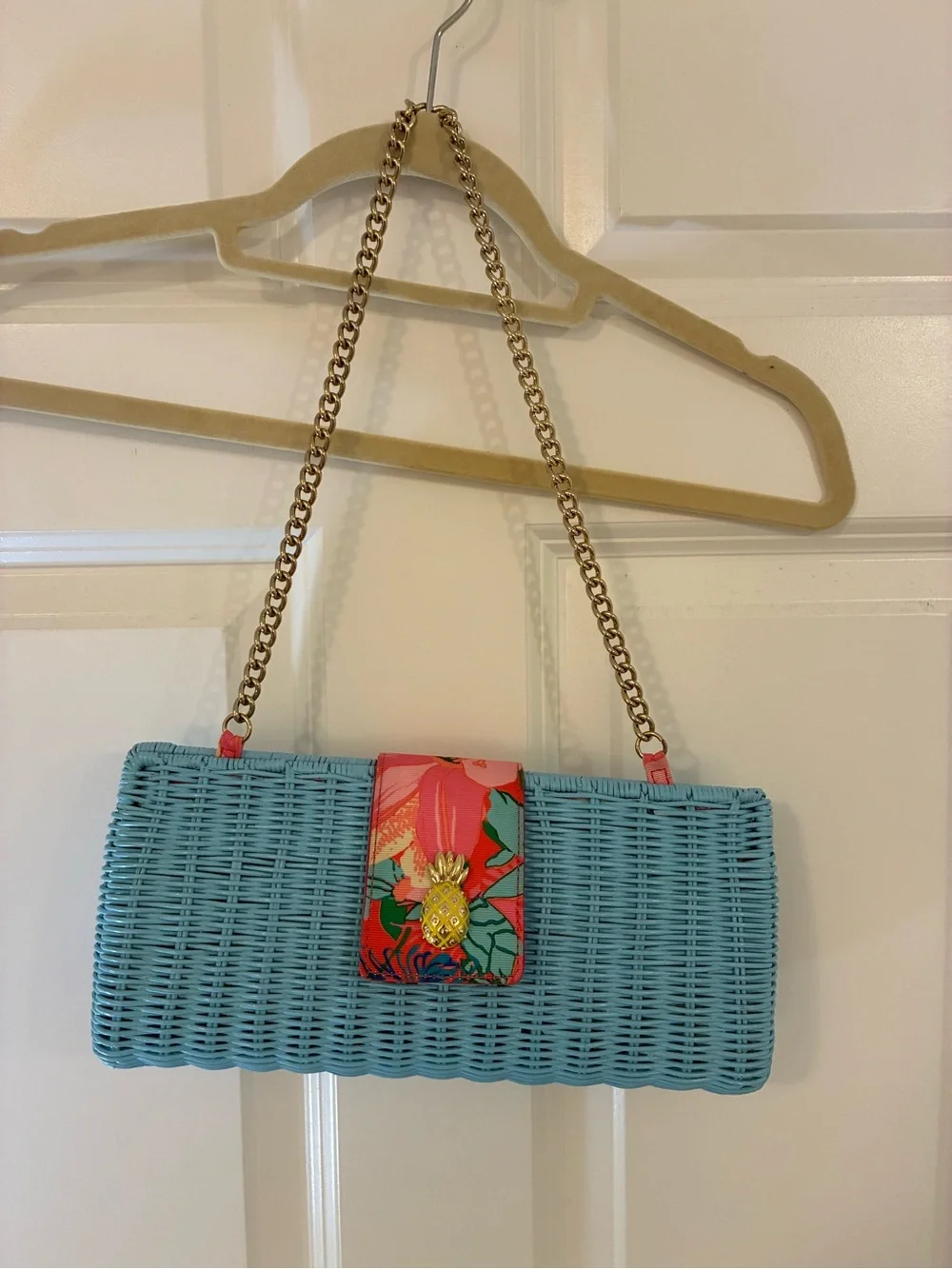 Talbots Turquoise Woven Clutch with Floral Pineapple Tab